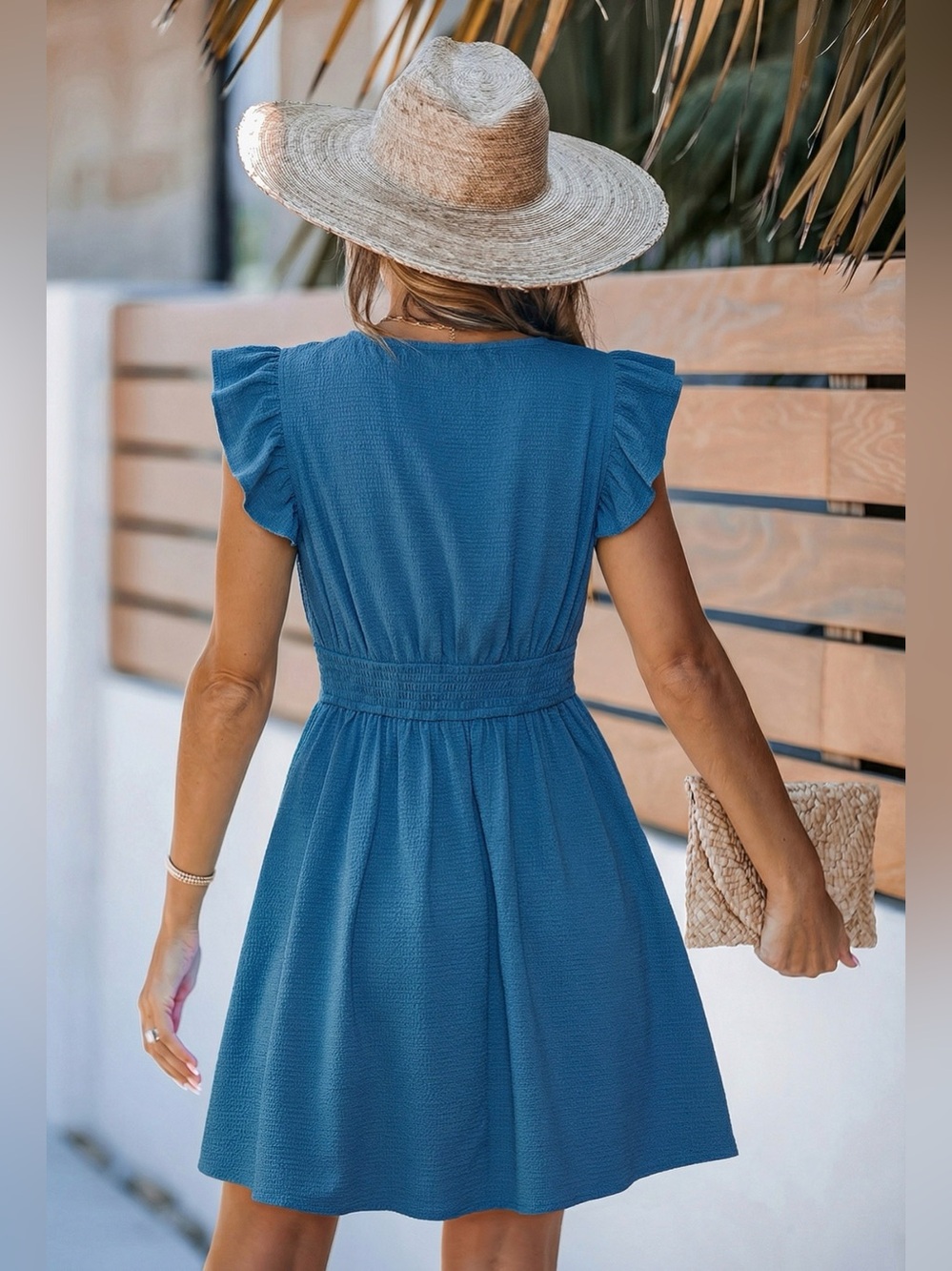Blue Flutter Short Sleeve V-Neck Button Crepe Flared Mini Dress - Picture 3 of 3
